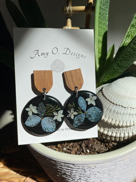 Blue hydrangea circle dangles