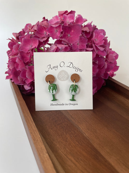 Green tree wine glass earrings