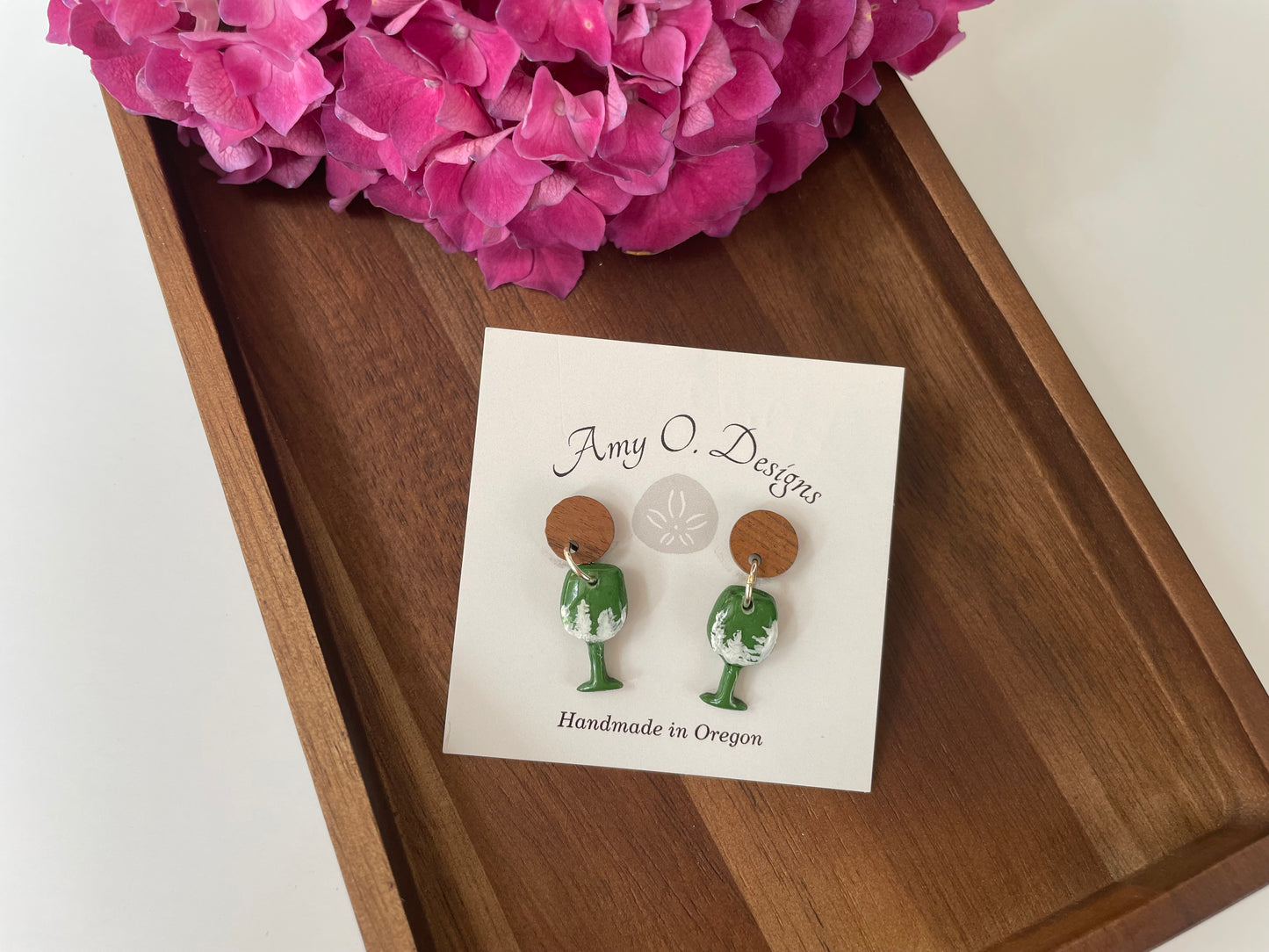 Green tree wine glass earrings