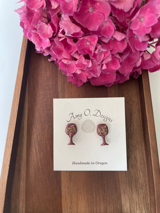 Burgandy wine glass earring studs