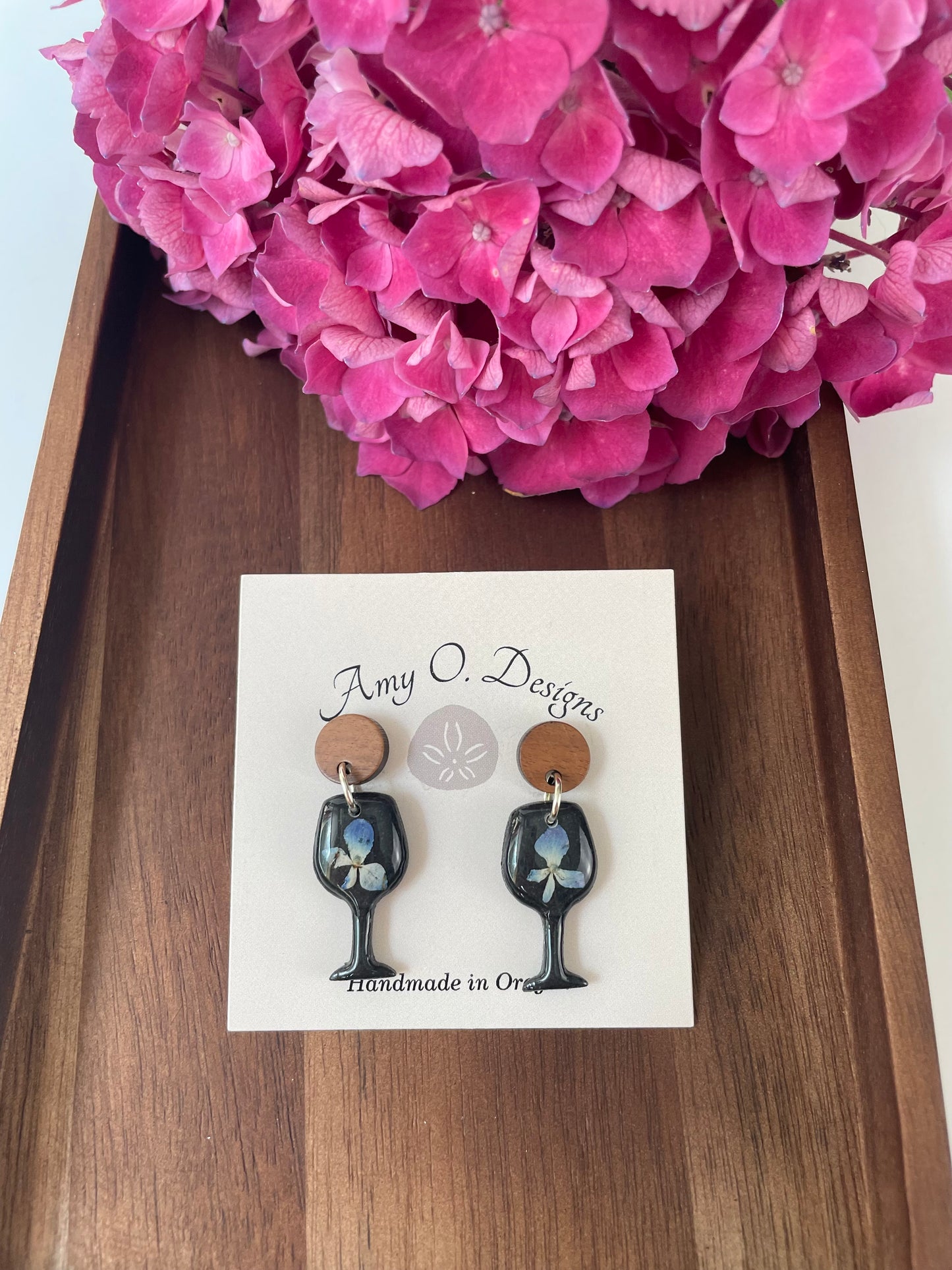 Black hydrangea wine glass earrings