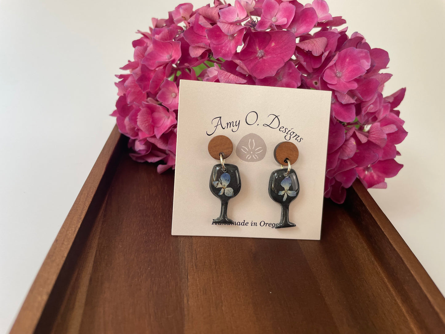 Black hydrangea wine glass earrings