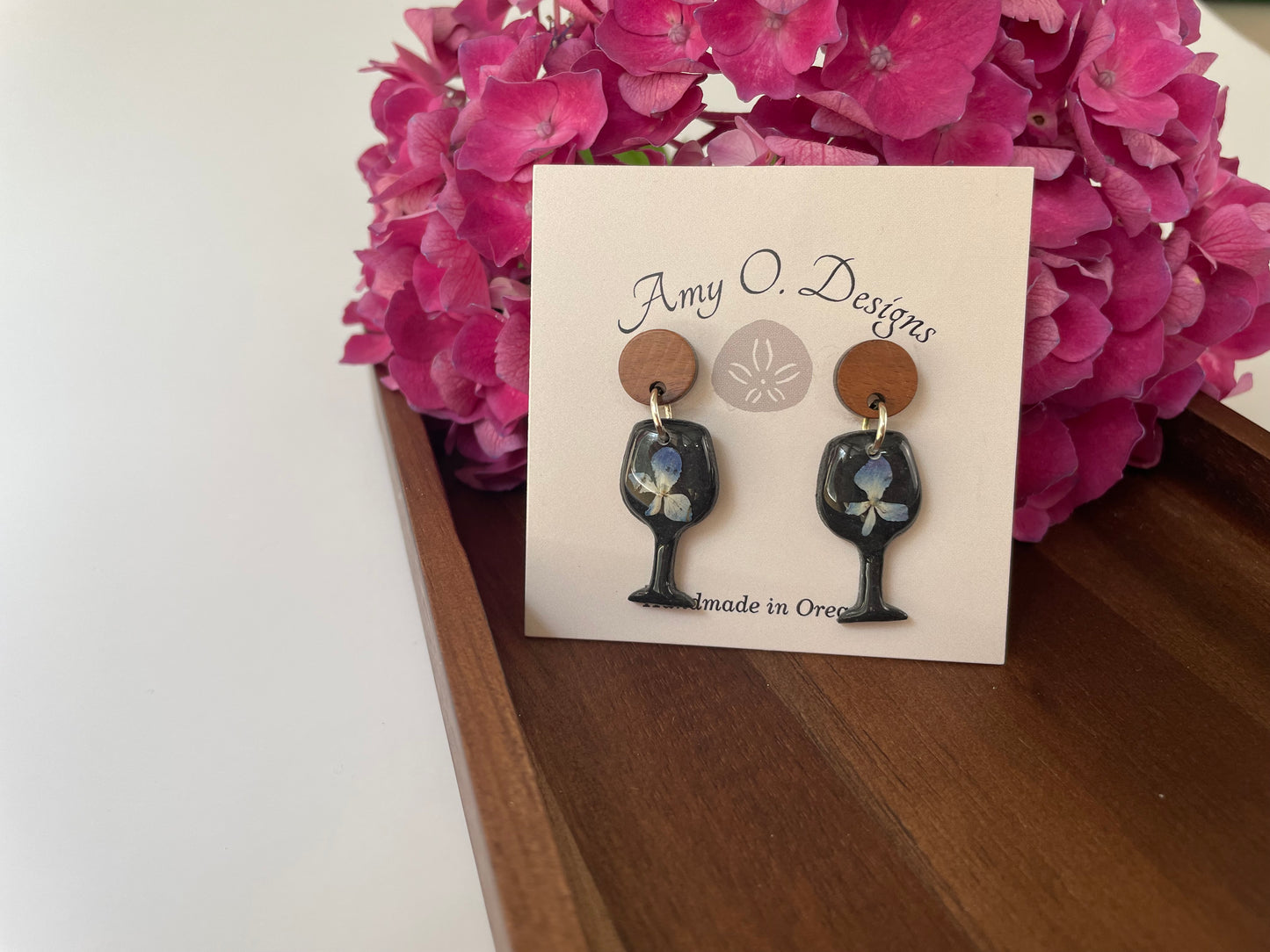 Black hydrangea wine glass earrings